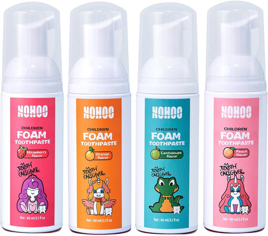 NOHOO Fluoride Free Foam Toothpaste Kids Fruit Flavour,Natural Training Toothpaste for Baby Toddler Children Oral Cleaning and Cavity Protection Strawberry Orange Peach Cantaloupe