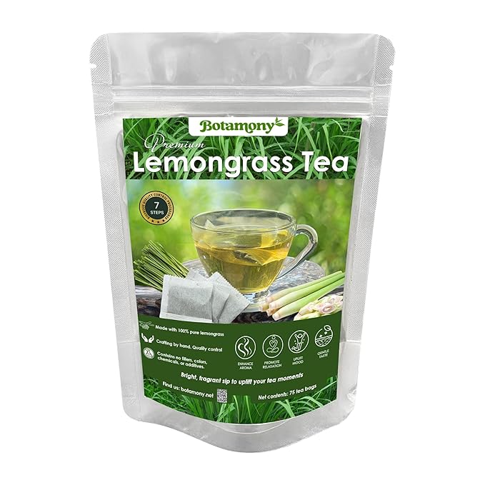 BOTAMONY 75 Premium Lemongrass Tea Bags 1.5g/Bag, 100% Natural Zacate de Limon, Caffeine-Free Herbal Tea for Daily Enjoyment, Refreshing Citrus-Mint Aroma & Smooth Flavor, Non-GMO & Vegan