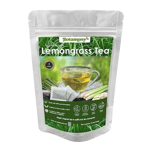 BOTAMONY 75 Premium Lemongrass Tea Bags 1.5g/Bag, 100% Natural Zacate de Limon, Caffeine-Free Herbal Tea for Daily Enjoyment, Refreshing Citrus-Mint Aroma & Smooth Flavor, Non-GMO & Vegan
