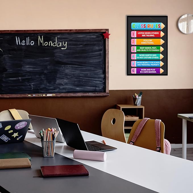 Colorful Classroom Rules Poster,Educational Motivational Wall Art for Elementary, Preschool, Kindergarten, Middle School,Back to School Teacher Supplies and Classroom Decor 16x24 in Aluminum Framed