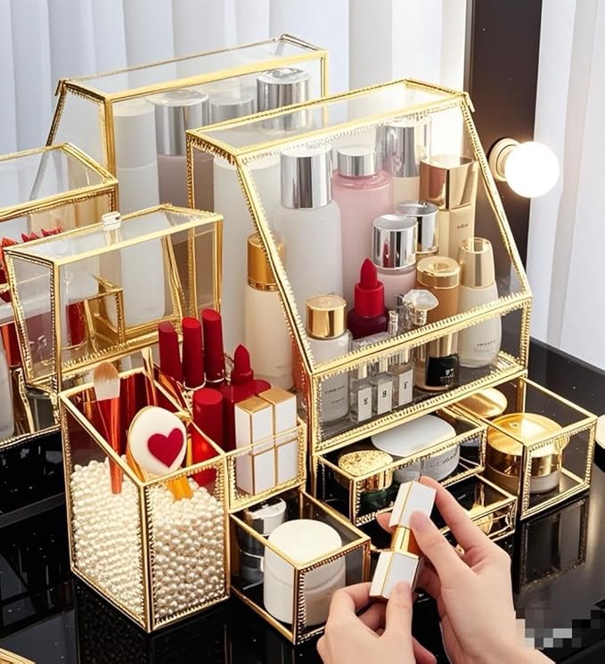 Hersoo Luxury Stackable Glass Cosmetic Organizer 3-Piece Set-Durable,Premium Shatterproof Vanity Storage,Artisan-Design for High-End Bathroom&Makeup Counter Decor(gold)