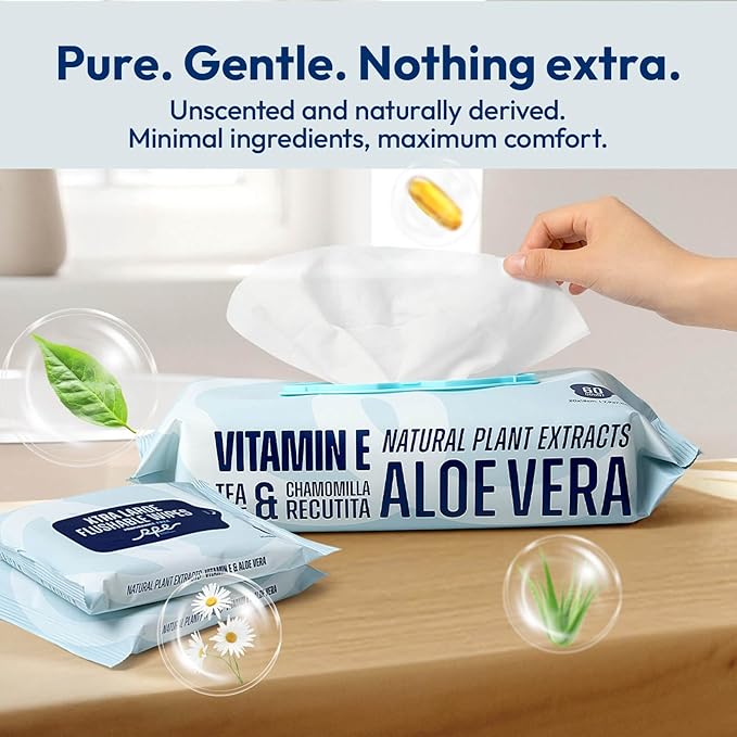 Flushable Wet Wipes - 6 Portable Travel Size Packs (60 Ct) - Unscented Extra-Large Body & Hand Tissue with Vitamin E & Aloe - For Adults, Kids & Children - Perfect for On-the-Go & Outdoor Use