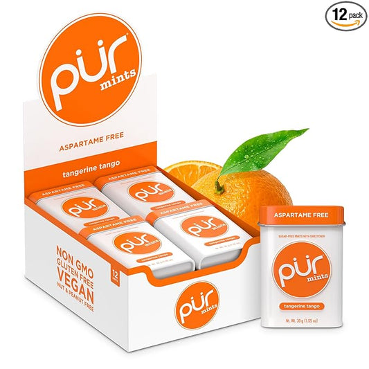 PUR Mints | Aspartame-Free | Made with Xylitol | Sugar-Free, Vegan, Gluten-Free & Keto Friendly | Natural Tangerine Tango Flavor, 30 Pieces (Pack of 12)