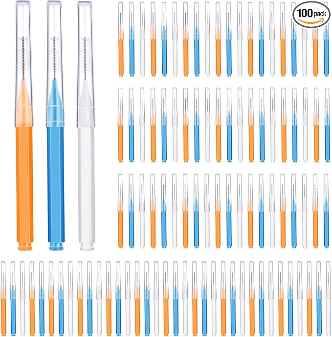 Patelai 100 Pieces Braces Brush for Cleaner Interdental Brush Toothpick Dental Tooth Flossing Head Oral Dental Hygiene Flosser Toothpick Cleaners Tooth Cleaning Tool(White, Orange, Blue,Proper Size)