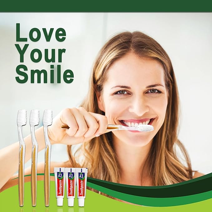 20 pcs Disposable Toothbrush with Toothpaste Bulk Individually Wrapped, Travel Toothbrush Kit, Hotel Toothbrushes Bulk for Airbnb,Shelter/Wedding/Nursing Home/Charity/Homeless, Gold