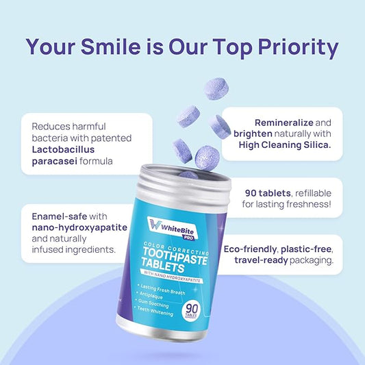 Whitebite Pro Color Correcting Toothpaste Tablets with Nano Hydroxyapatite | Fresh Breath & Natural Whitening | Travel-Friendly Toothpaste & Mouthwash | Fluoride and Plastic-Free (Peppermint)