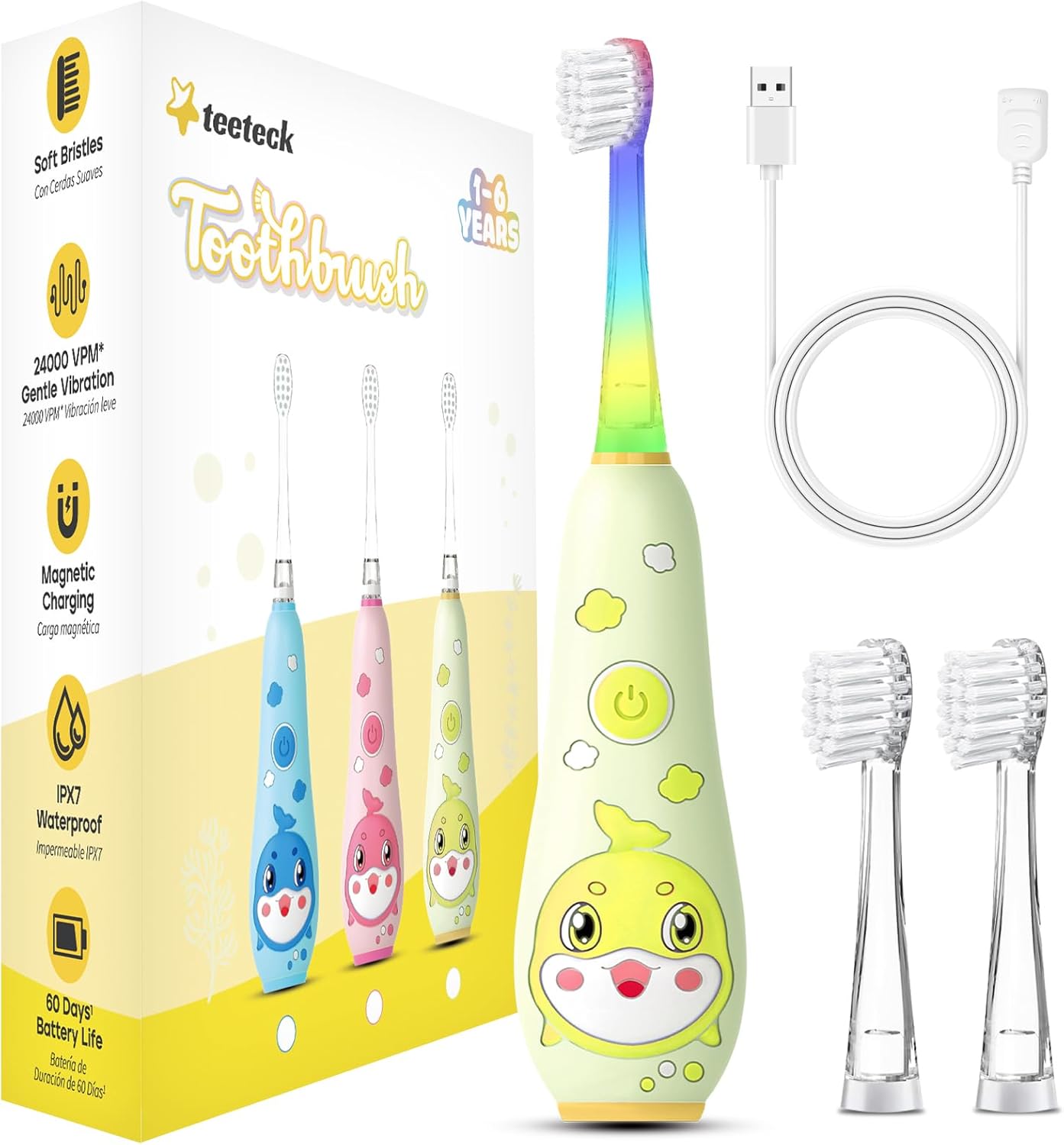teeteck Electric Toothbrush for Kids - Toddler Electric Toothbrush with Magnetic Charging, Includes 2 Brush Heads, Magnetic USB Charging Cable for Ages 1-6 Boys Girls (Yellow
