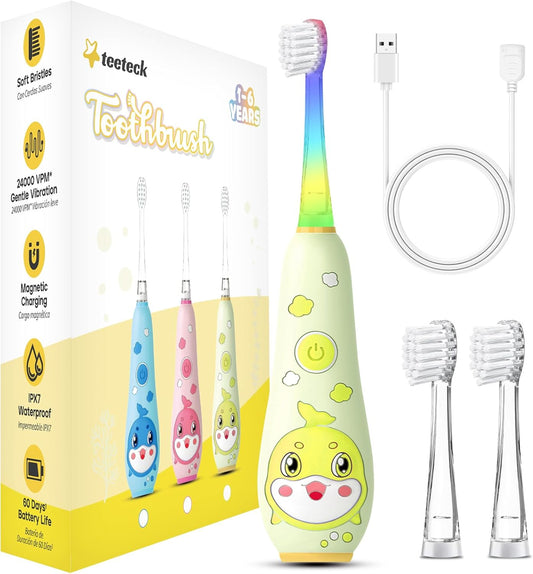 teeteck Electric Toothbrush for Kids - Toddler Electric Toothbrush with Magnetic Charging, Includes 2 Brush Heads, Magnetic USB Charging Cable for Ages 1-6 Boys Girls (Yellow