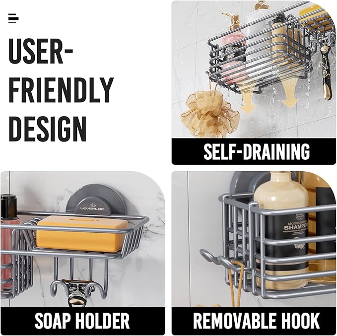 LEVERLOC Shower Caddy Suction Cup, 2 Pack Shelves for Inside with Hooks and Soap Holder, NO-Drilling Bathroom Holder, Rustproof Meatl Bathroom Organizer, Grey