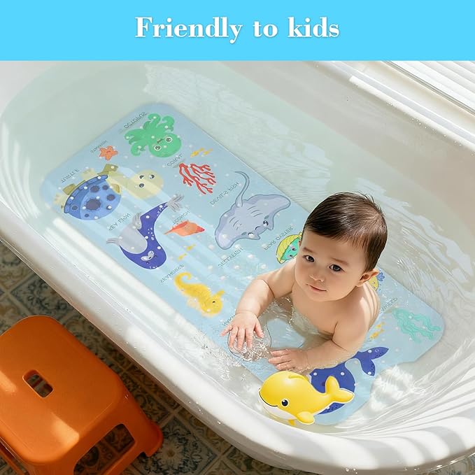 Bath Mat for Tub Non Slip, Machine Washable Anti-Slip Cartoon Baby Bathtub Shower Mat with Drain Holes and Suction Cups for Toddler & Kids, 40 Inch x 16 Inch, Blue Sea Animals