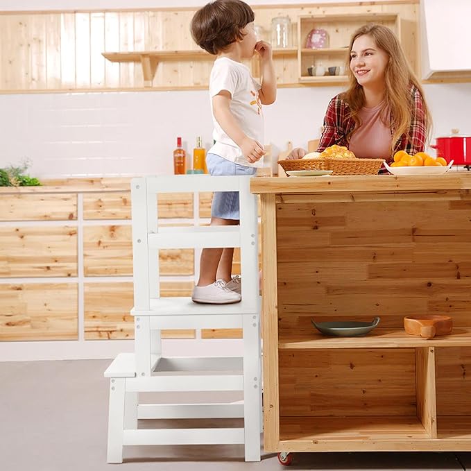 Kitchen Step Stool for Toddlers with Safety Rail, Wooden Toddler Standing Tower Kids Montessori Learning Stool Helper with A Anti-tip Structure for Kitchen Bathroom, Anti-Slip, White
