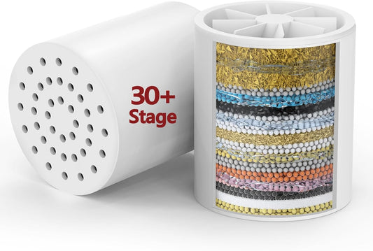 2 Pack 33 Stage Universal Shower Filter Replacement Cartridge V+C+E- Hard Water Purifier Removes Chlorine, Heavy Metals, Iron, Sediments - High Output Water Softener for Skin & Hair