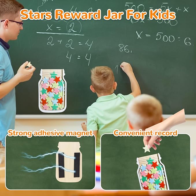 Reward Jar for Kids – Magnetic Wooden Behavior Chart and Incentive Jar with 25 Tokens, Stickers, Stand & Magnet – Positive Reinforcement Tool for Home, Toddlers or Classroom (Star – V2)