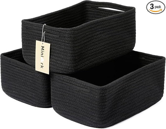 Small Storage Baskets for Organizing | Closet Organizer Bins | Shelf Toy Basket | Woven Rope Baskets | Cube Decorative Box | Shallow Basket | 13x8.5x5.1” | 3 Packs Black