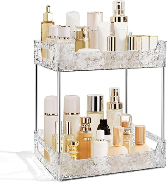 2-Tier Bathroom Counter Organizer Countertop Storage, Dresser Organizer Vanity Tray for Makeup, Perfume Organizer Cosmetics Skincare Shelf - Clear