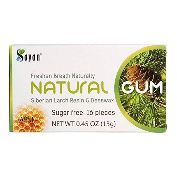 Sayan Sugar-Free All Natural Siberian Larch Tree Resin and Beeswax Chewing Gum – 1 Pack (16 Pieces) for Fresh Breath – Vegetarian, Non-GMO, Gluten Free, Aspartame Free, No Preservatives