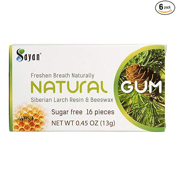 Sayan Sugar-Free All Natural Siberian Larch Tree Resin and Beeswax Chewing Gum – 6 Packs (96 Pieces) for Fresh Breath – Vegetarian, Non-GMO, Gluten Free, Aspartame Free, No Preservatives