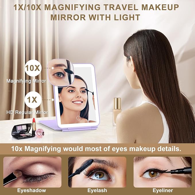 LED Foldable Travel Makeup Mirror - 5x7 inches3 Colors Light Modes USB Rechargeable Touch Screen, Portable Tabletop Cosmetic Mirror for Travel, Cosmetic, Office (Violet)
