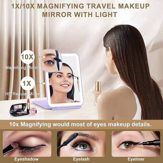 LED Foldable Travel Makeup Mirror - 5x7 inches3 Colors Light Modes USB Rechargeable Touch Screen, Portable Tabletop Cosmetic Mirror for Travel, Cosmetic, Office (Violet)