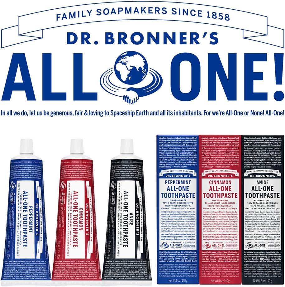 Dr. Bronner’s All-One Toothpaste– Cinnamon, 5 oz, 3-Pack– Fluoride-Free Toothpaste for Adults, SLS-Free, 70% Organic & Natural Ingredients, Vegan, Helps Freshen Breath, Reduce Plaque, Whiten Teeth