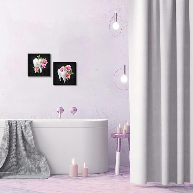 HOMEOART Dental Office Decor Black and Pink Bathroom Decor Painting Dentist Office Decor Kids Bathroom Decoration Framed Artwork, Ready to Hang 12"x12"x2 Panels
