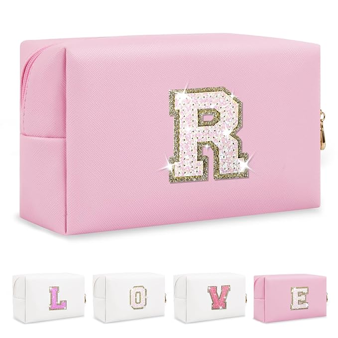 Small Personalized Initial A-Z Patch Makeup Bag,Pink Cute PU Leather Glitter Letter Cosmetic Bag for Teen Girls,Travel Toiletry Bag with Zipper,Preppy Monogrammed Birthday Gift for Daughter Niece R