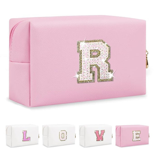 Small Personalized Initial A-Z Patch Makeup Bag,Pink Cute PU Leather Glitter Letter Cosmetic Bag for Teen Girls,Travel Toiletry Bag with Zipper,Preppy Monogrammed Birthday Gift for Daughter Niece R