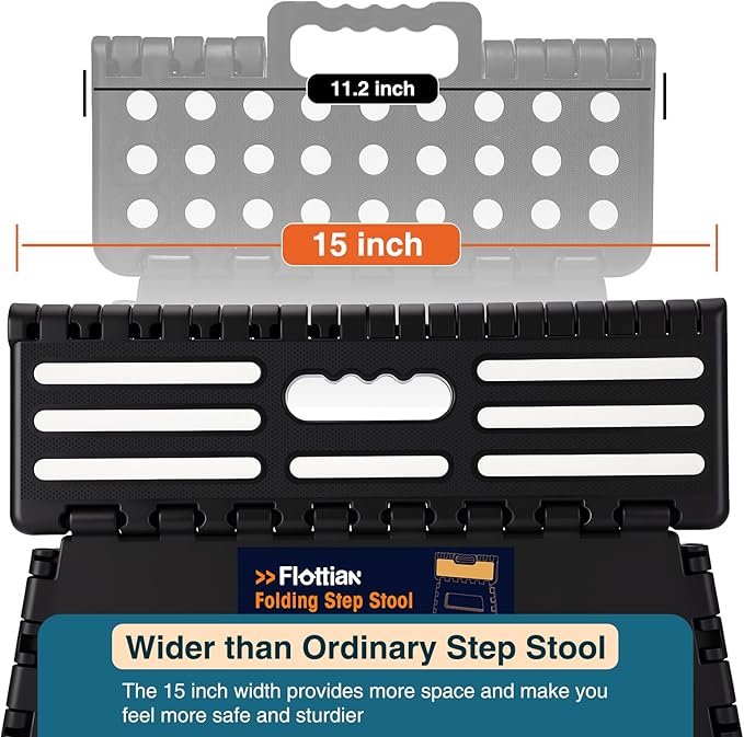Flottian 5" Folding Step Stool for Adults and Kids 15-Inch Extra Wide Stool Holds Up to 300 lbs,Non-Slip Folding Stools with Handle,Compact Plastic Foldable Step Stool for Bathroom,Kitchen,ect Black