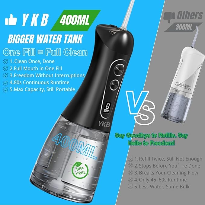 YKB Water Flosser for Teeth, 400ml 8 Modes Portable Water Flosser Cordless with Digital Display, Travel Water Oral Irrigator for Teeth Cleaning & Oral Care Rechargeable IPX7 Waterproof (Black)