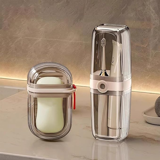 2Pcs Toothbrush Travel Case & Travel Soap Holder Dish Tray, Portable Clear Toothbrush Holders with Cover Leakproof Bar Soap Holder for Traveling School Camping Business Trip Bathroom