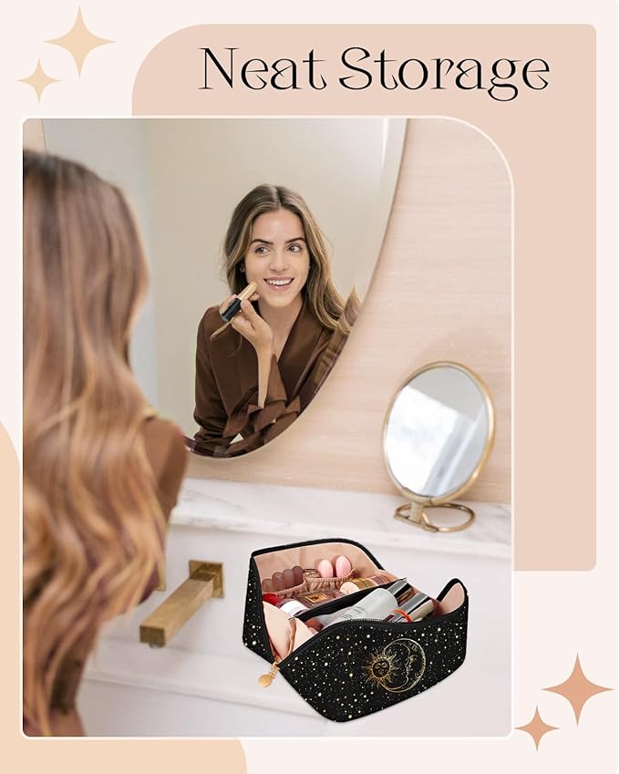 Bistup Makeup Bag Travel Cosmetic Bag Toiletry Make Up Bags Cute Women Large Capacity Big Medium Leather Sun Moon Aesthetic Portable Teen Girls Teenage Foldable Expandable Compact Open Flat Zip