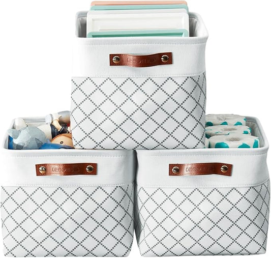 DECOMOMO White Storage Bins Fabric Storage Baskets for Shelves, Linen Closet Organization Toys Nursery (White Check, Large - 3 Pack)