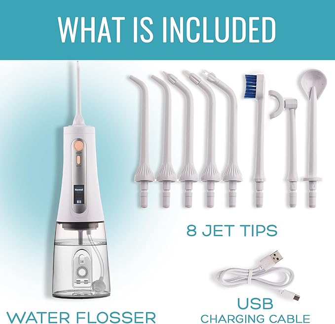 Portable Water Flosser – Cordless Oral Irrigator for Teeth Cleaning | 8 Jet Tips and 5 Modes | Travel and Home Use | Rechargeable and IPX7 Waterproof – White