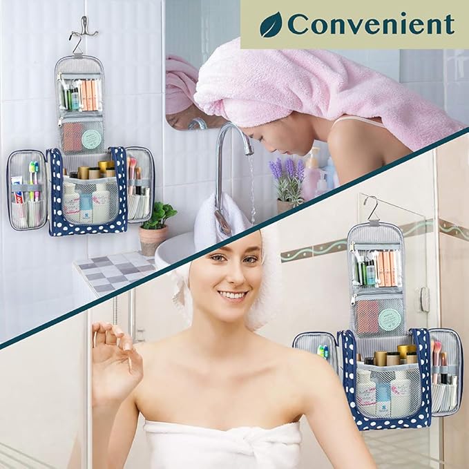 PAVILIA Toiletry Bag Travel Bag for Women Men, Hanging Cosmetic Organizer, Water Resistant Makeup Bag for Accessories Toiletries, Large Travel Essentials Kit (Navy Polka Dot)