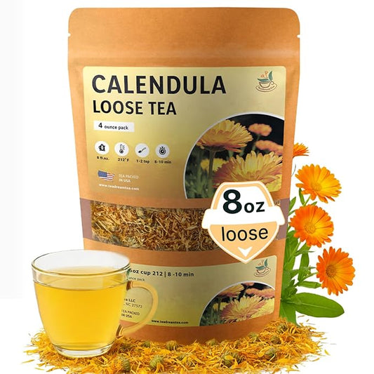 Calendula Loose Tea – 8 oz Size - Marigold & Dried - Calendula Tea Bulk Flowers Gluten-Free and Caffeine-Free Herbal tea for Relaxation, Wallness, From real Flowers with Smooth Taste