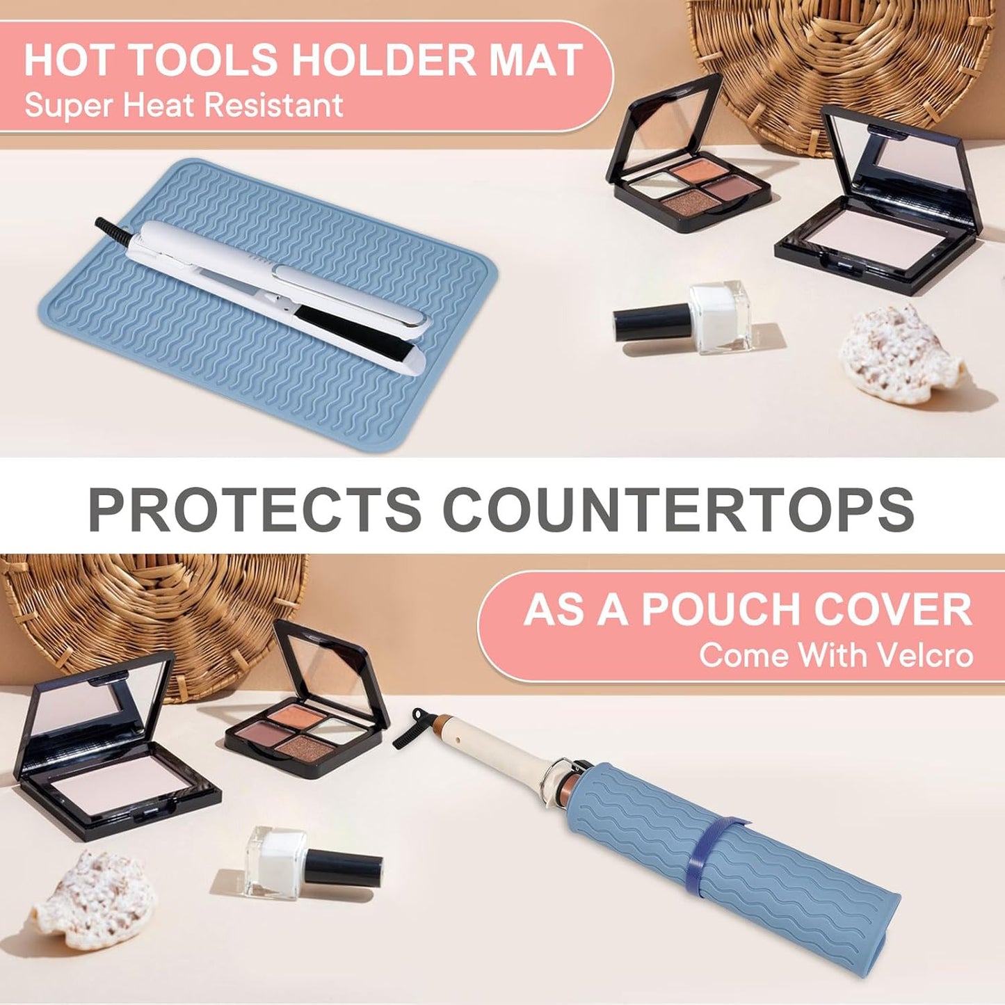 Oversize Silicone Heat Resistant Mat, Portable Travel Mat Cover with Velcro for Curling Irons, Flat Irons, Hair Straightener and Hot Hair Styling Tools(14.2" x 11")