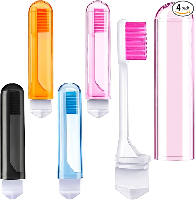 Patelai 4 Pieces Travel Toothbrush Set, Soft Bristle Mini Foldable Tooth Brush with Case, Individually Wrapped Small Portable Travel Size Toiletries Stuff for Camping (Warm Color)