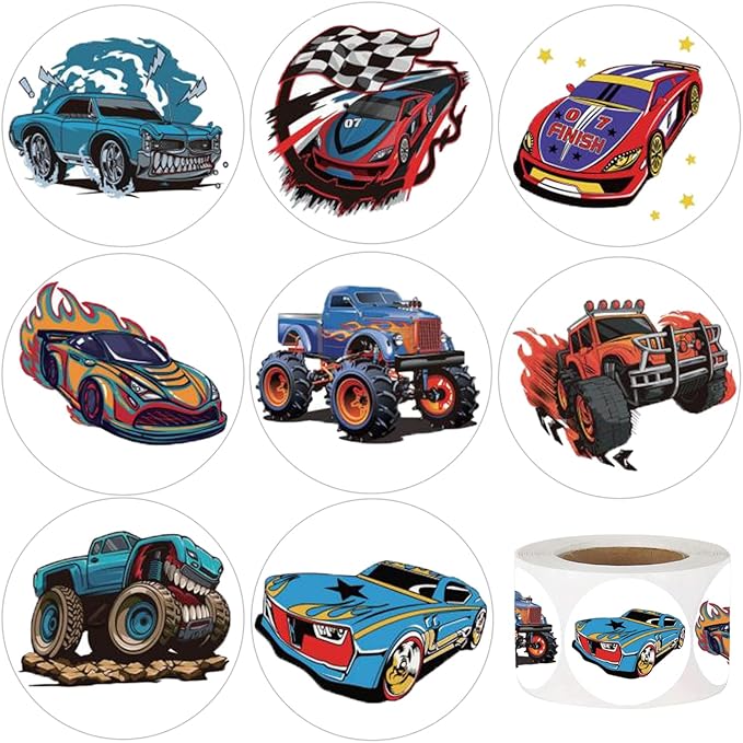 600Pcs Monster Truck and Race Car Stickers for Kids 1.5 Inch Car Stickers for Kids Boys Race Car Party Favors Birthday Decoration Supplies Reward Stickers