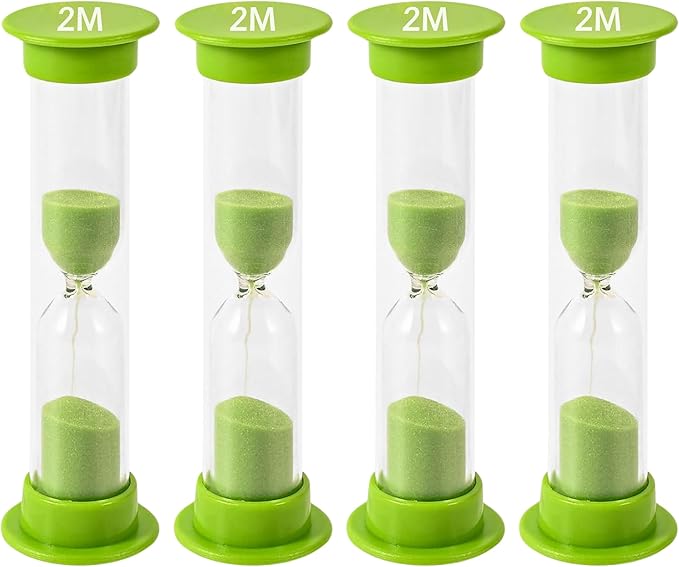 Sand Timer for Kids - 2 Minute Set of 4 Hour Glass - Green Color- Acrylic Covered for Classroom, Home & Kids Room