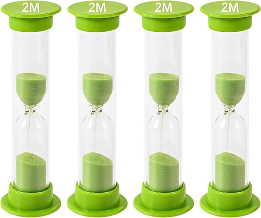 Sand Timer for Kids - 2 Minute Set of 4 Hour Glass - Green Color- Acrylic Covered for Classroom, Home & Kids Room