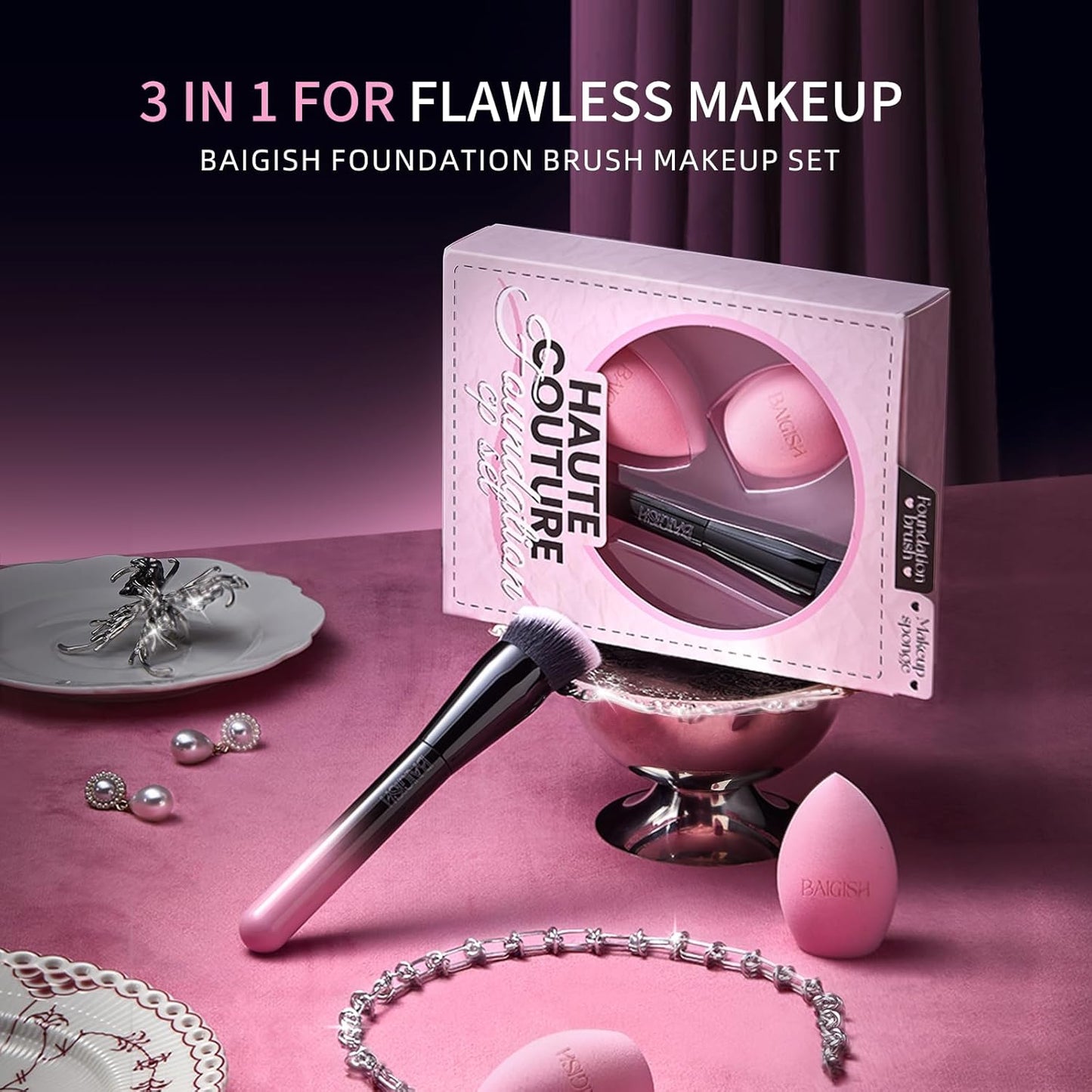 Makeup Brush Set, Flat Top Kabuki Brush Premium Foundation Brush for Liquid, Cream, and Powder with 2 Makeup Sponge for Foundation, Powder, Blush, and Concealer