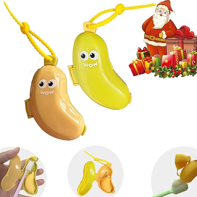 2Pcs 2-in-1 Travel toothbrush holder-Toothbrush covers with Toothpaste case,Portable Reuse Organizer with Banana smile-cute toothbrush cap for Electric&Manual Toothbrush,Ideal for Home&Travel(2,YE&GN)