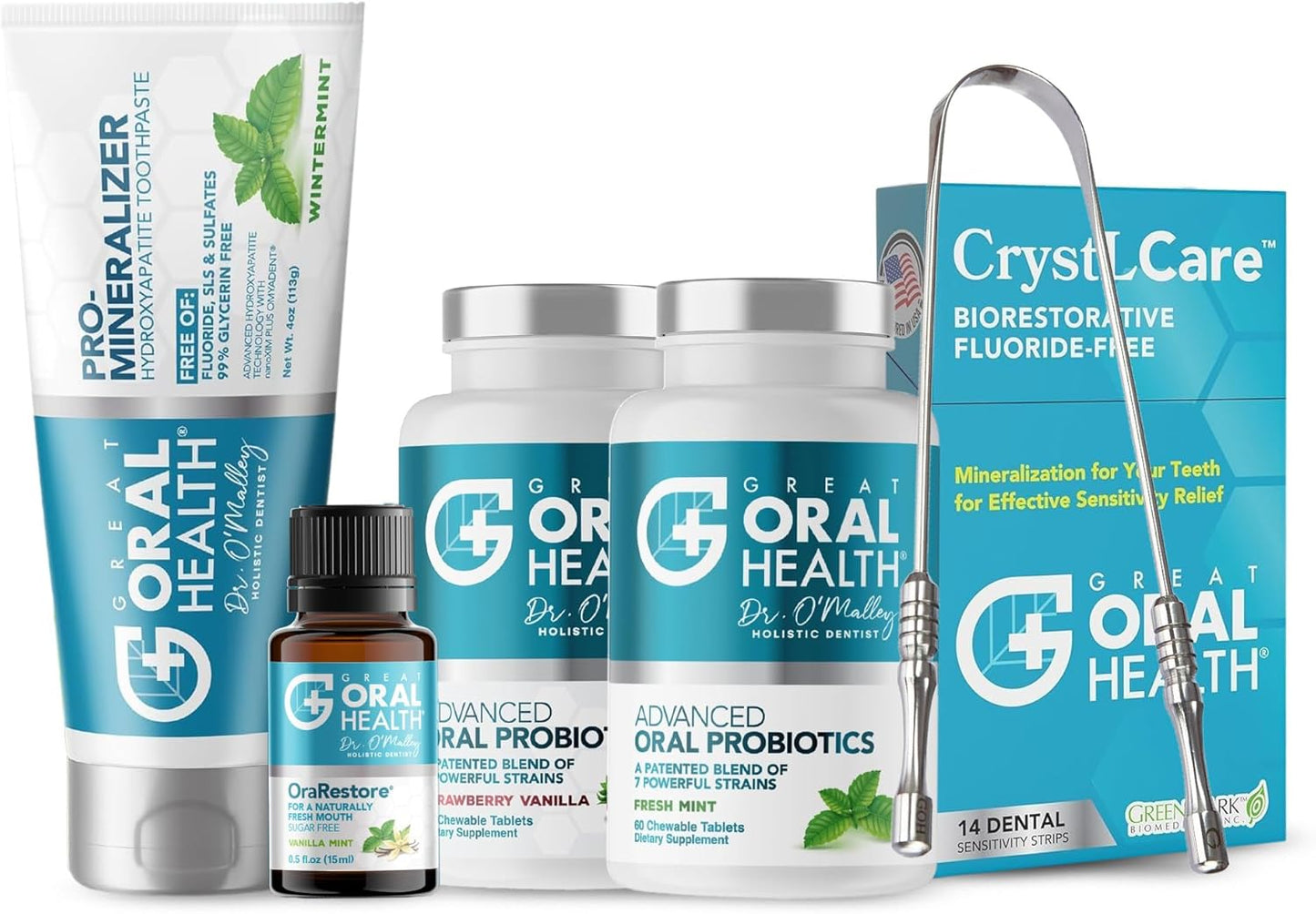 Dental Care Kit 6-in-1 Oral Hygiene Products for Adults: Oral Probiotics for Teeth & Gums, Nano Hydroxyapatite Toothpaste, Natural Breath Freshener Oil, Tooth Sensitivity Treatment & Tongue Scraper