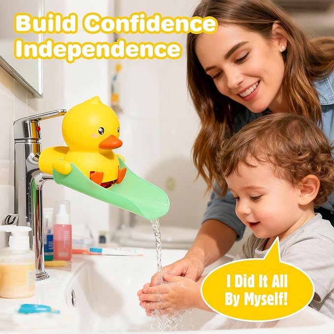 Skyroku Duck-Tastic Faucet Extender for Toddlers – Kicking Legs Fun! Splash-Proof & Easy Install Sink Extender for Kids (Yellow&Green)