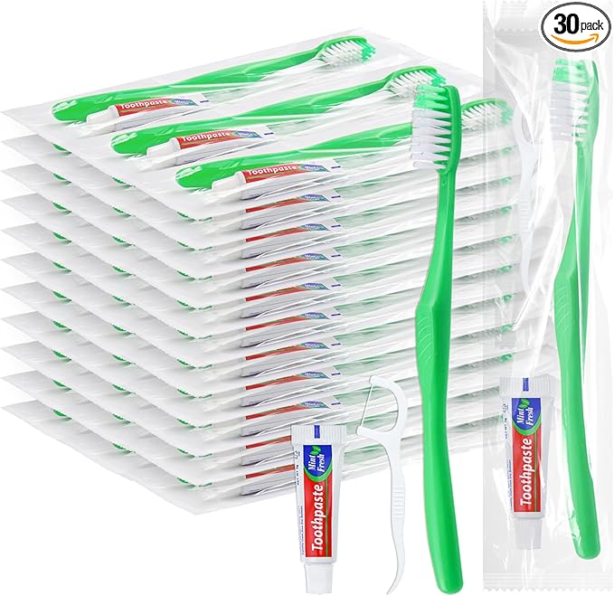 Disposable Toothbrushes with Toothpaste and Floss,30Pcs Green Single Use Individually Wrapped Disposable Travel Toothbrushes and Dental Floss Kit Bulk for Homeless,Airbnb,Hotel,Dentist