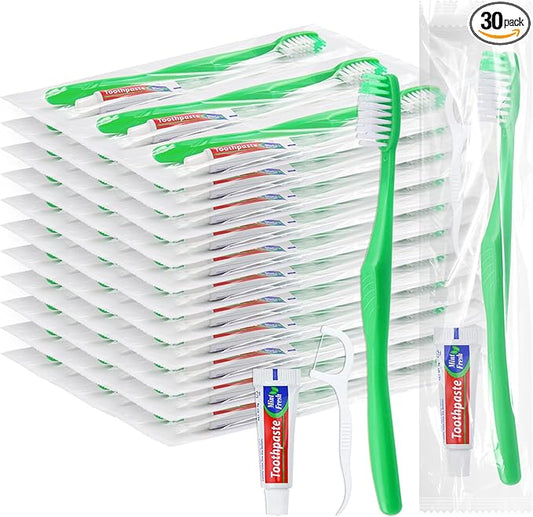 Disposable Toothbrushes with Toothpaste and Floss,30Pcs Green Single Use Individually Wrapped Disposable Travel Toothbrushes and Dental Floss Kit Bulk for Homeless,Airbnb,Hotel,Dentist