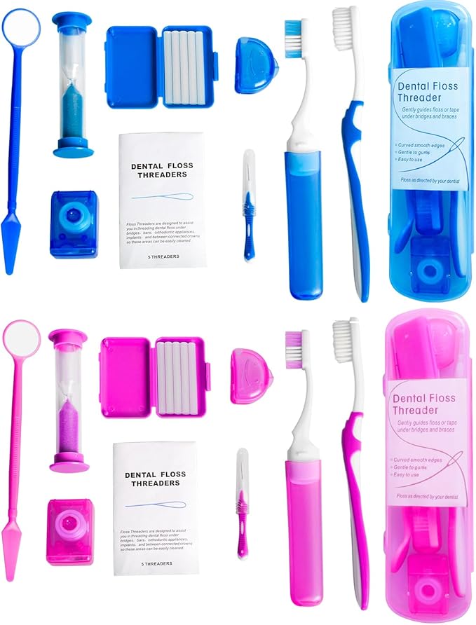 Wenge Portable Orthodontic Oral Care Kit - 2Pack - Travel Kit for Patients, Interdental Brushing Wax Floss Toothbrush Cleaning (Pink_Blue)