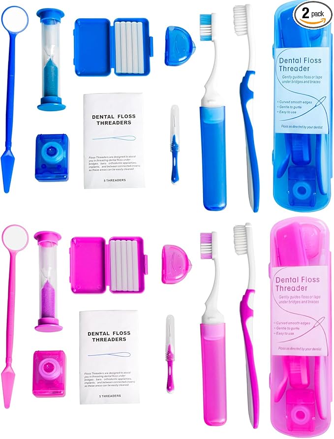 Wenge Portable Orthodontic Oral Care Kit - 2Pack - Travel Kit for Patients, Interdental Brushing Wax Floss Toothbrush Cleaning (Pink_Blue)