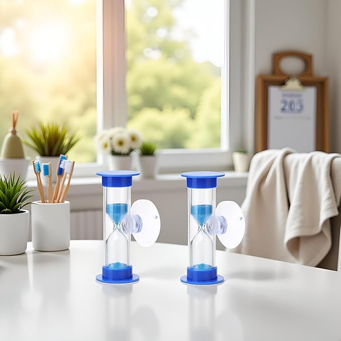 2Pcs Blue Sand Timer for Kids,Blue Toothbrush Timer for Kids 2mins Sand Clock Timer,Plastic Suction Cup Hourglass Sandglass Desktop Ornament Party Favors Thermometers and Timers