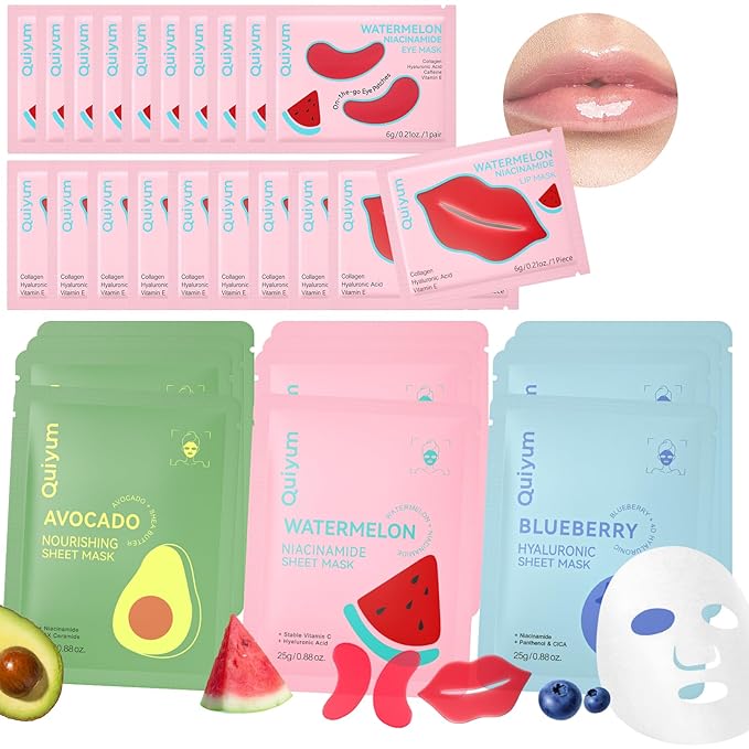 Fruit Skincare Mask Set - Eye + Lip + Face Repair Combo (32 PCS), for Women & Teen, Natural Ingredients with Niacinamide & Hyaluronic Acid, Spa-Like at Home, Moisturize, Soothe, Birthday Gift
